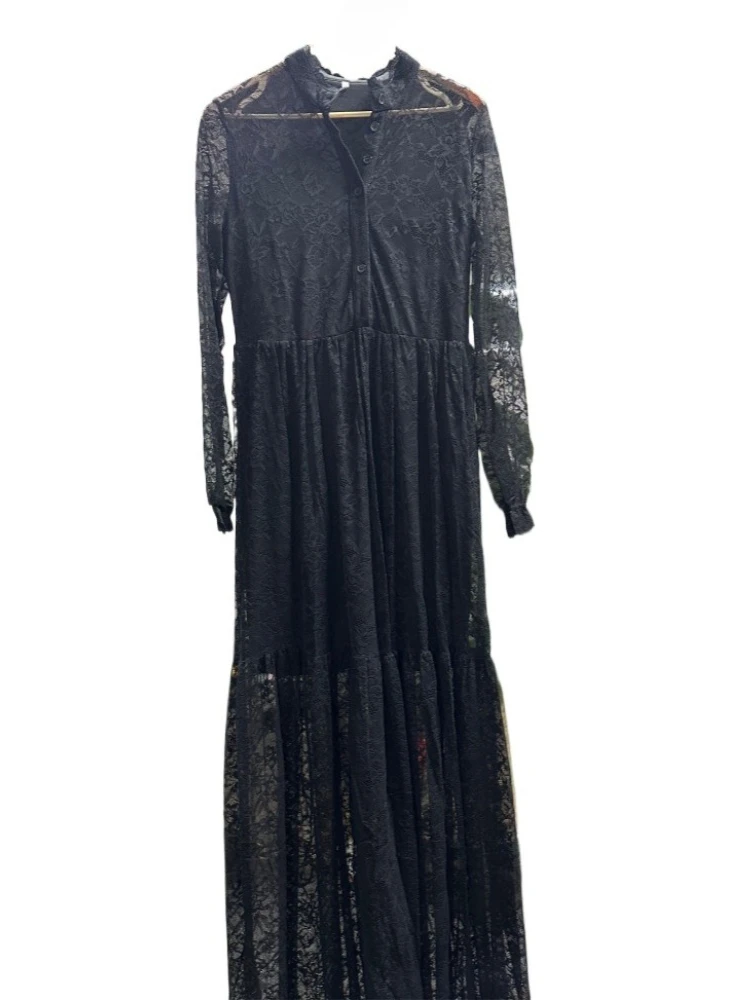 Vintage V-neck Lace Black High Low Long Dress With Long Sleeves
Vintage V-neck Lace Black High Low Long Dress With Long Sleeves