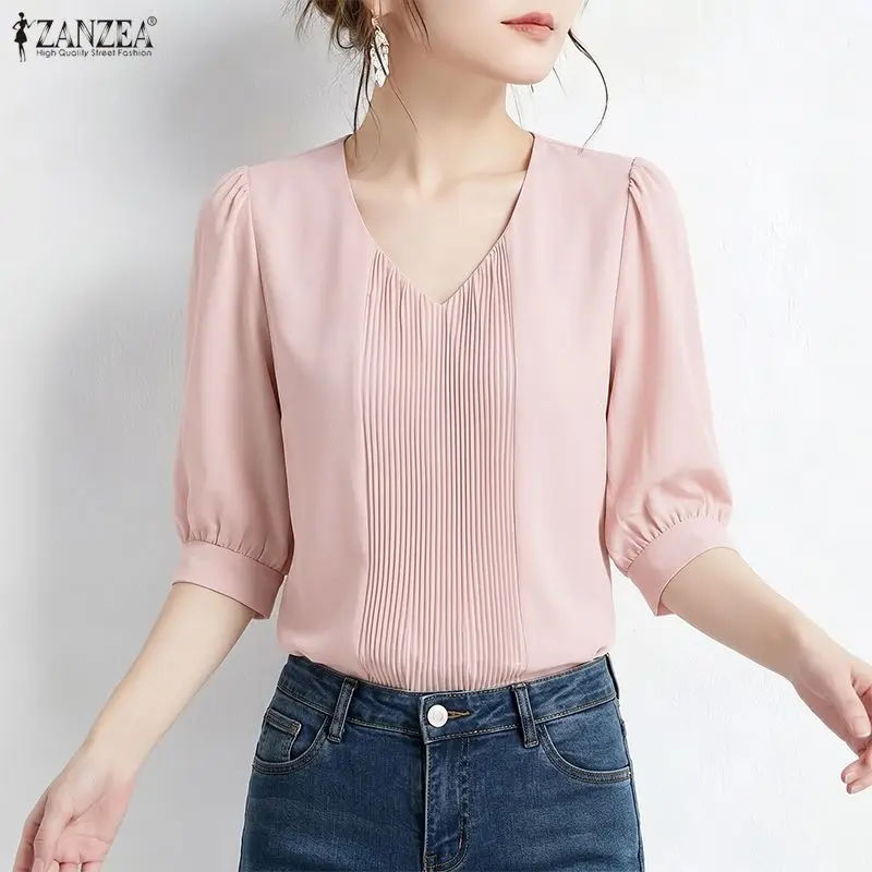 ZANZEA Women's Plisse Detailing Blouses Elegant V-Neck 3/4 Puff Sleeve Solid Color Tops Summer Classy Daily Wear Blusas de Mujer
ZANZEA Women's Plisse Detailing Blouses Elegant V-Neck 3/4 Puff Sleeve Solid Color Tops Summer Classy Daily Wear Blusas de Mujer