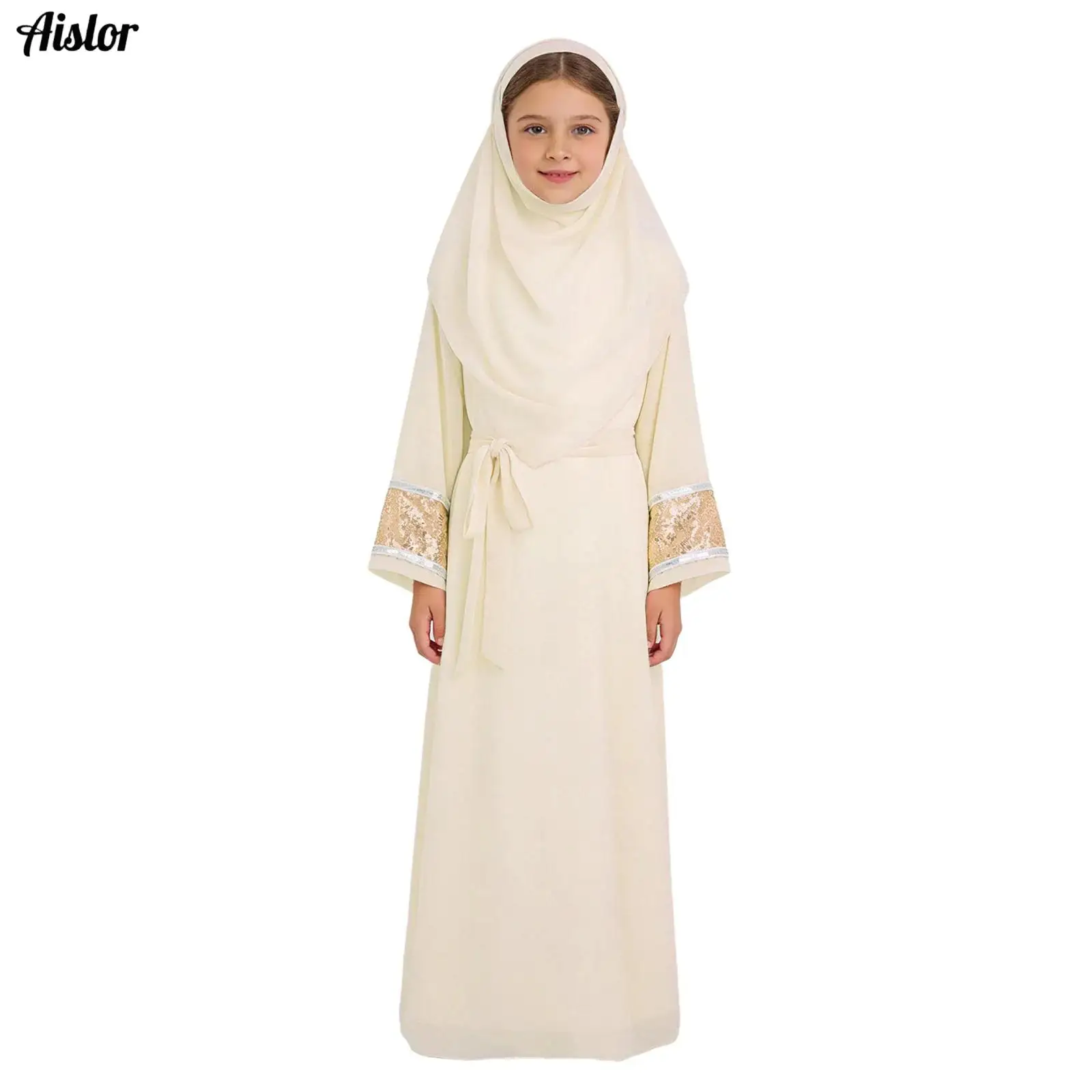 Kids Girls Muslim Islamic Prayer Abayas Costumes Outfits Shiny Sequins Long Sleeve Robe Dresses with Waistbelt And Hijab Set
Kids Girls Muslim Islamic Prayer Abayas Costumes Outfits Shiny Sequins Long Sleeve Robe Dresses with Waistbelt And Hijab Set