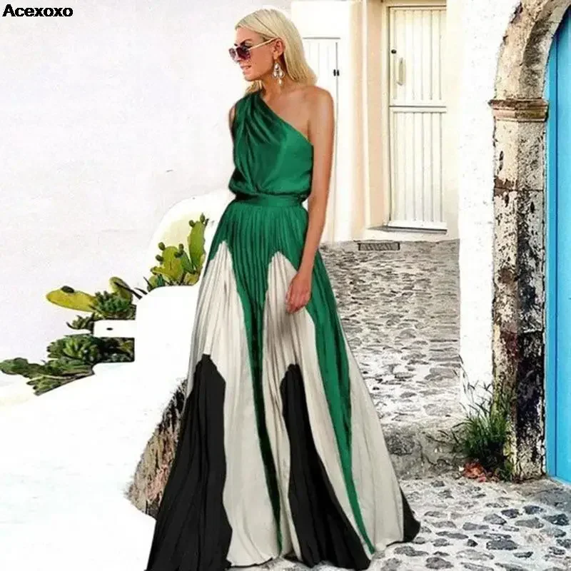 2023 spring and summer new women's fashion casual splicing sexy chest oblique shoulder waist dress 
2023 spring and summer new women's fashion casual splicing sexy chest oblique shoulder waist dress