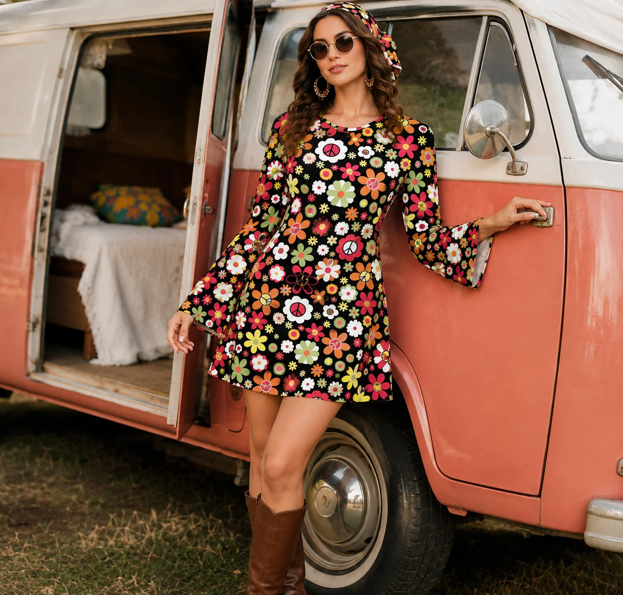 Women's 60s 70s Hippie Costume Dress Floral Print Bell Sleeve Mini Dress with Matching Headband for Retro Themed Party Outfit
Women's 60s 70s Hippie Costume Dress Floral Print Bell Sleeve Mini Dress with Matching Headband for Retro Themed Party Outfit