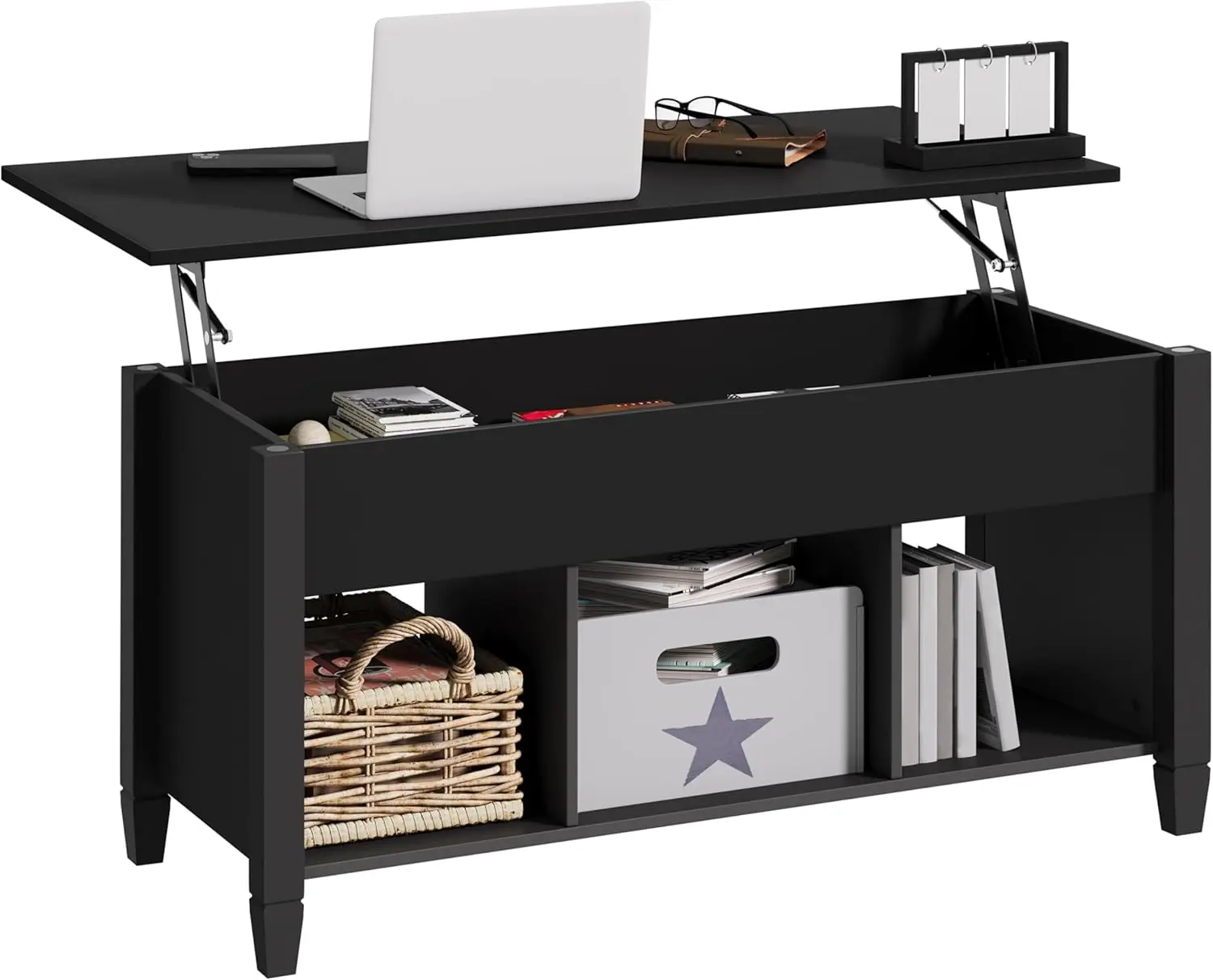 Lift Top Coffee Table with Hidden Storage & 3 Cube Shelves, Black
Lift Top Coffee Table with Hidden Storage & 3 Cube Shelves, Black