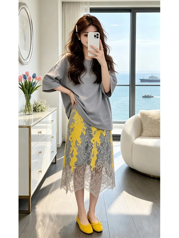 Summer Casual Loose Women's T-Shirt Lace Half-Skirt Set plus Size Breathable Comfortable High Waist round Neck Short Sleeve
Summer Casual Loose Women's T-Shirt Lace Half-Skirt Set plus Size Breathable Comfortable High Waist round Neck Short Sleeve