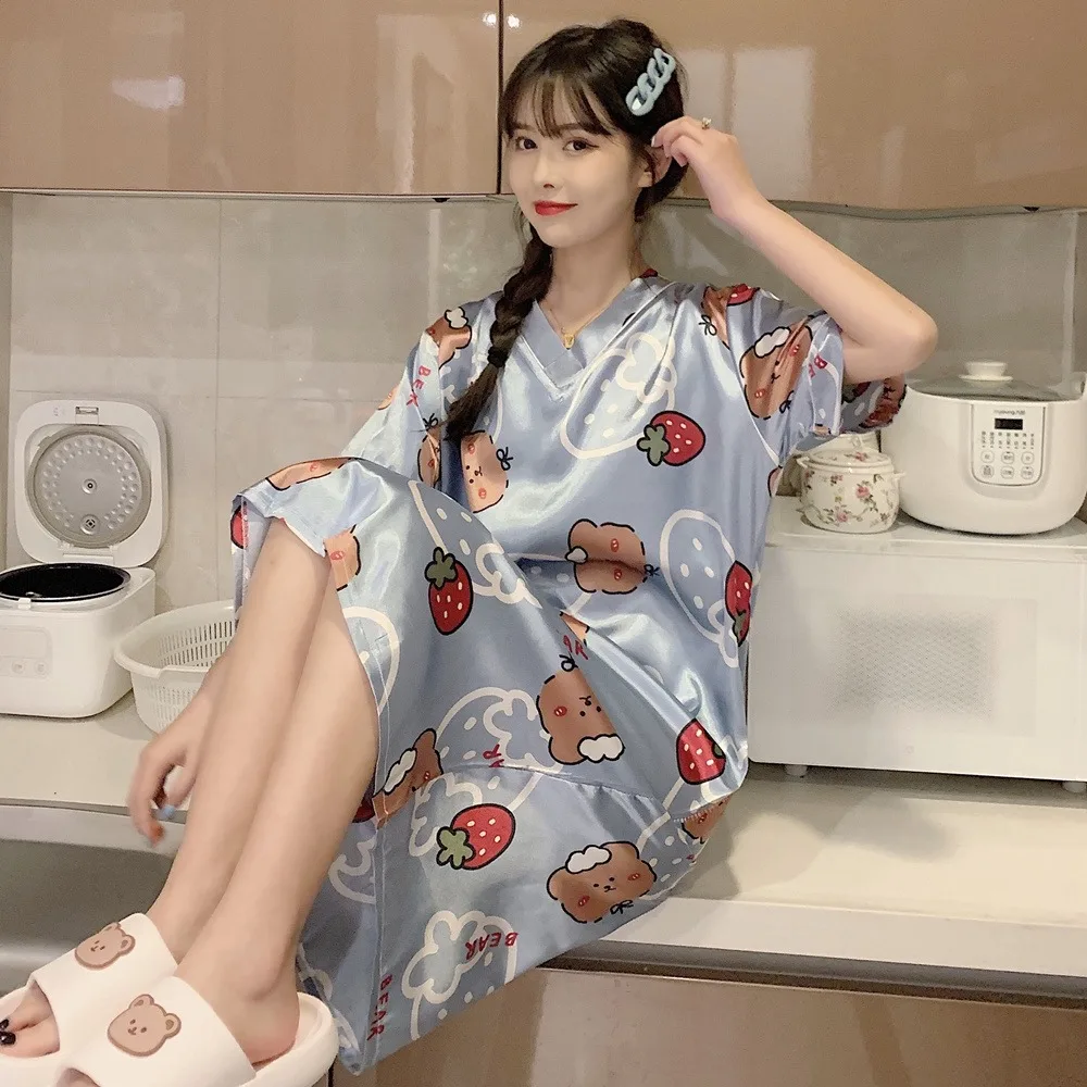 Summer Night Dress Women Plus Size Nightgown V-neck Cartoon Print Sleepshirts Short-sleeved Nightie Pijamas Silk Satin Sleepwear
Summer Night Dress Women Plus Size Nightgown V-neck Cartoon Print Sleepshirts Short-sleeved Nightie Pijamas Silk Satin Sleepwear