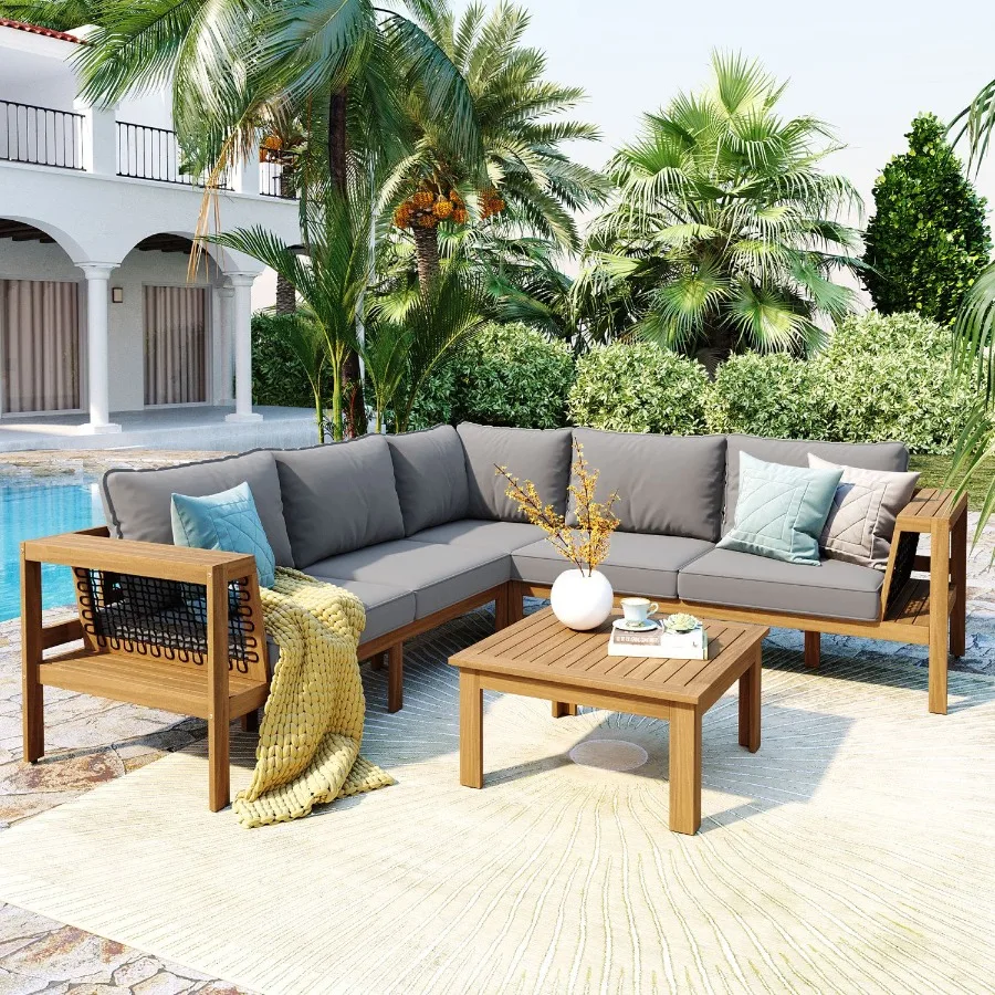 GO 4 Pieces Outdoor Acacia Wood Sofa Set Woven Mesh Armrests LShaped Patio Furniture Sofa Set with Coffee Table Outdoor Convers
GO 4 Pieces Outdoor Acacia Wood Sofa Set Woven Mesh Armrests LShaped Patio Furniture Sofa Set with Coffee Table Outdoor Convers
