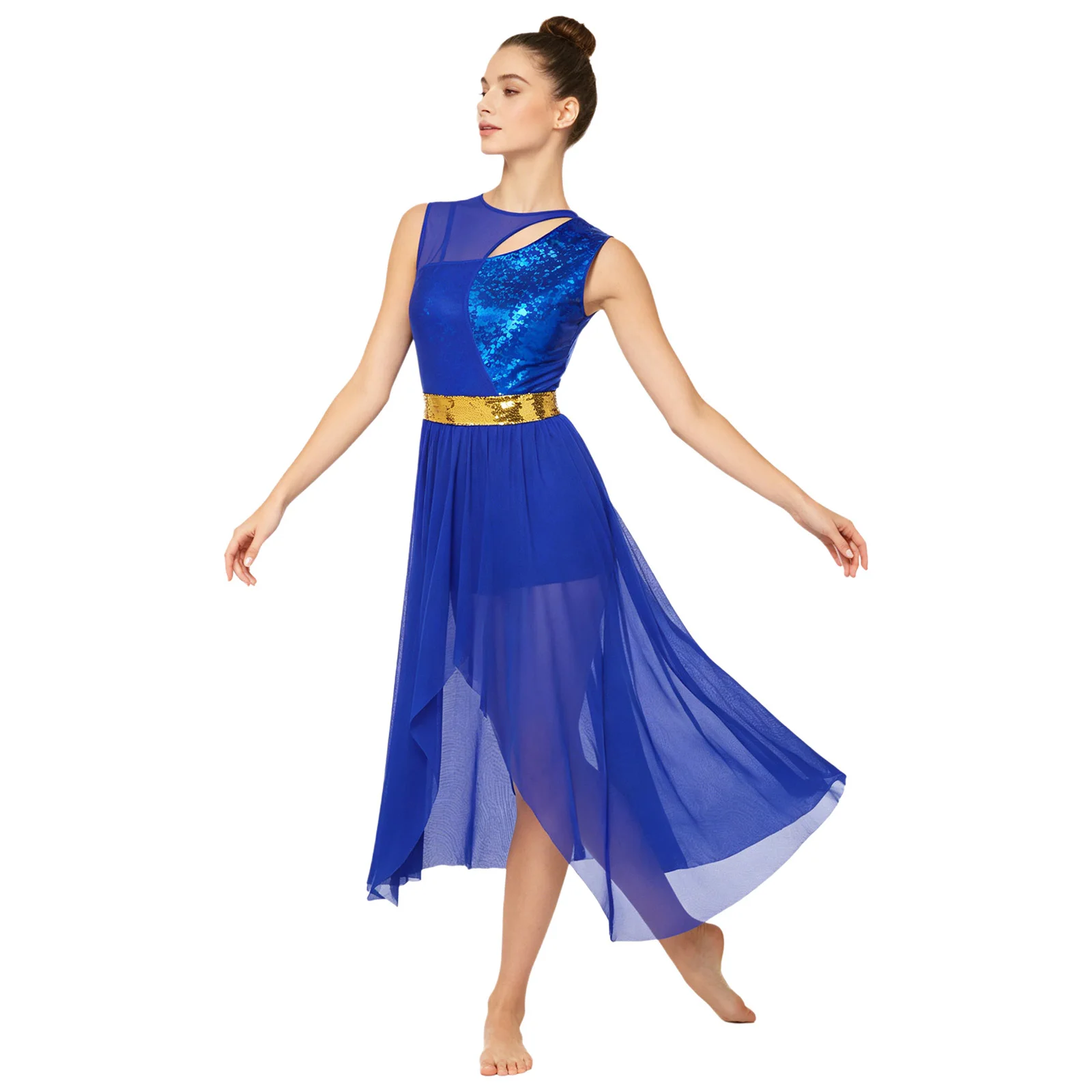 Women Lyrical Dance Dress with Sequined Waist Belt Sleeveless Patchwork Irregular Mesh Hem Liturgical Worship Lyrical Dancewear
Women Lyrical Dance Dress with Sequined Waist Belt Sleeveless Patchwork Irregular Mesh Hem Liturgical Worship Lyrical Dancewear