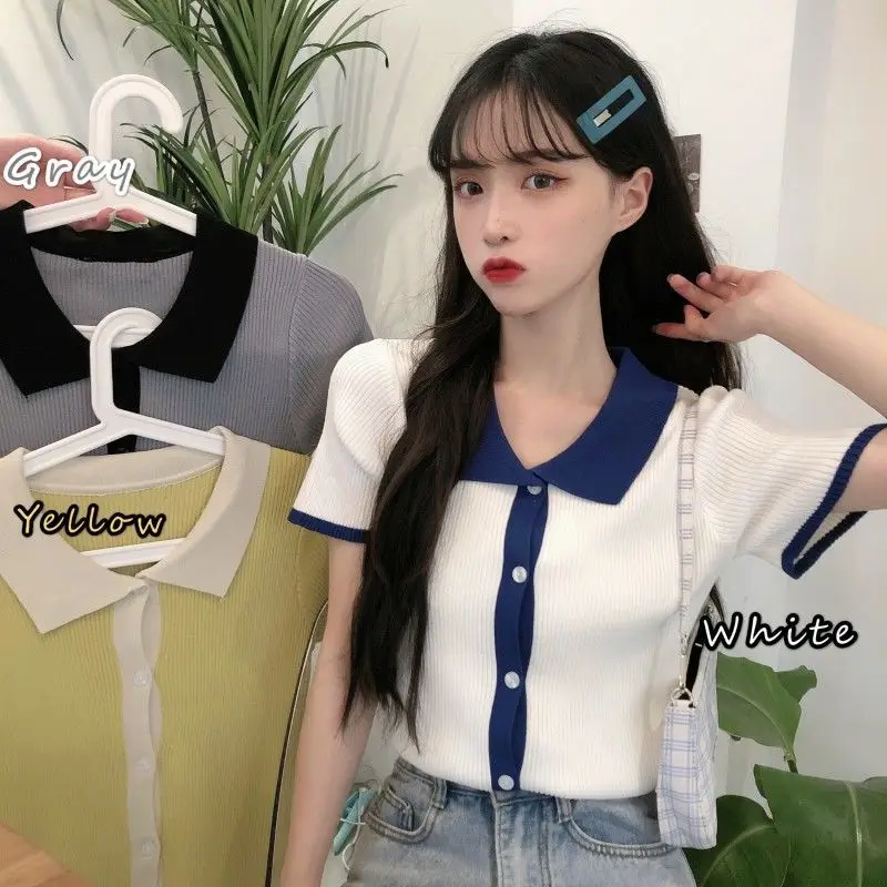 Summer 2025 Korean Version of POLO Neck Slim Contrasting Color Short Sleeve Knitted T-shirt for Women Versatile Trendy Short Top
Summer 2025 Korean Version of POLO Neck Slim Contrasting Color Short Sleeve Knitted T-shirt for Women Versatile Trendy Short Top