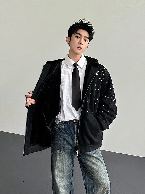 TANGZ Studio Heavy Work Star Rhinestone Hooded Jaet Faux Rabbit Fur Lined Sweatirt Cardigan Thiened Cotton Outerwear
TANGZ Studio Heavy Work Star Rhinestone Hooded Jaet Faux Rabbit Fur Lined Sweatirt Cardigan Thiened Cotton Outerwear