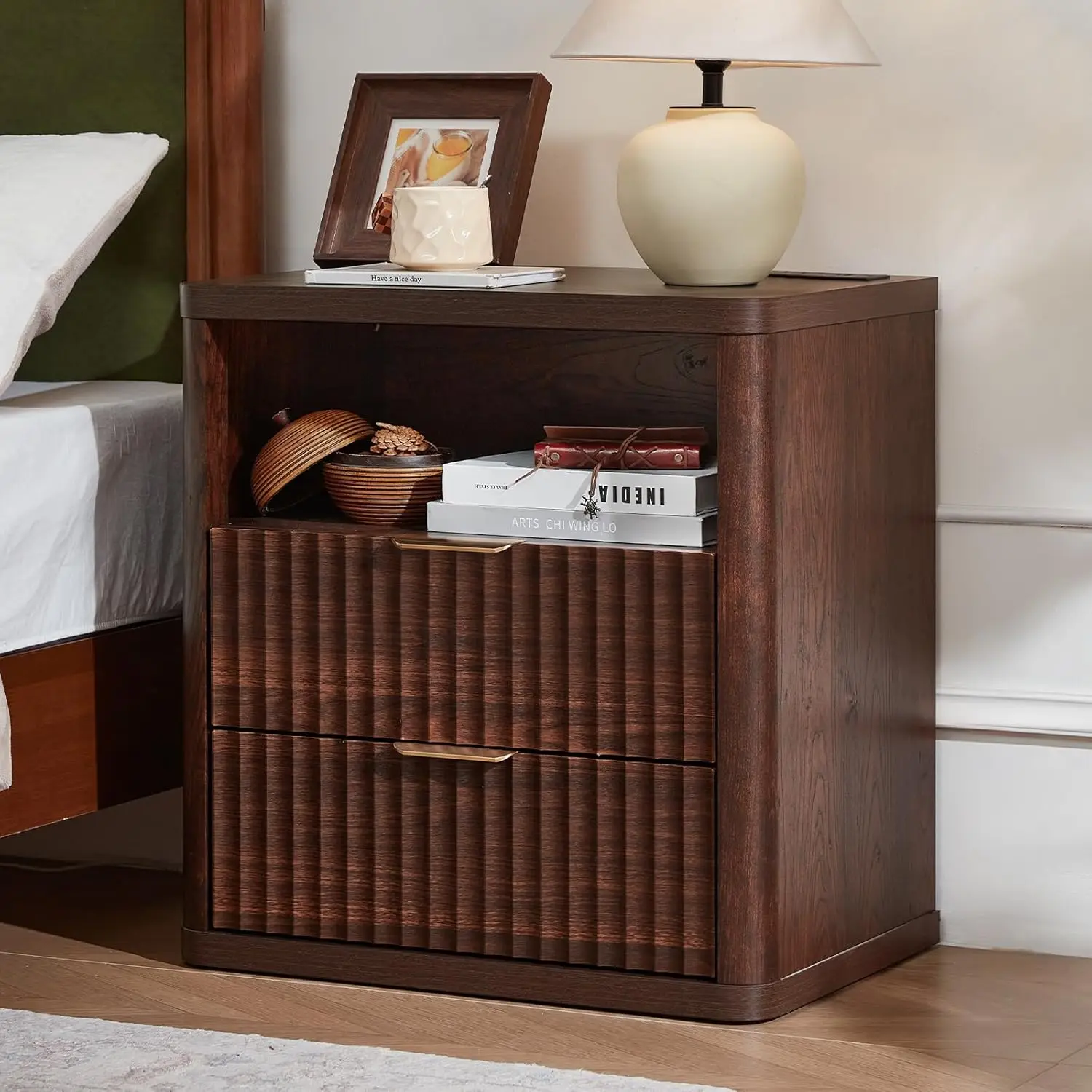 Fluted Nightstand With Charging Station, 23" Wide 2 Drawers Night Stand,Walnut End Table With Open, Customized
Fluted Nightstand With Charging Station, 23" Wide 2 Drawers Night Stand,Walnut End Table With Open, Customized