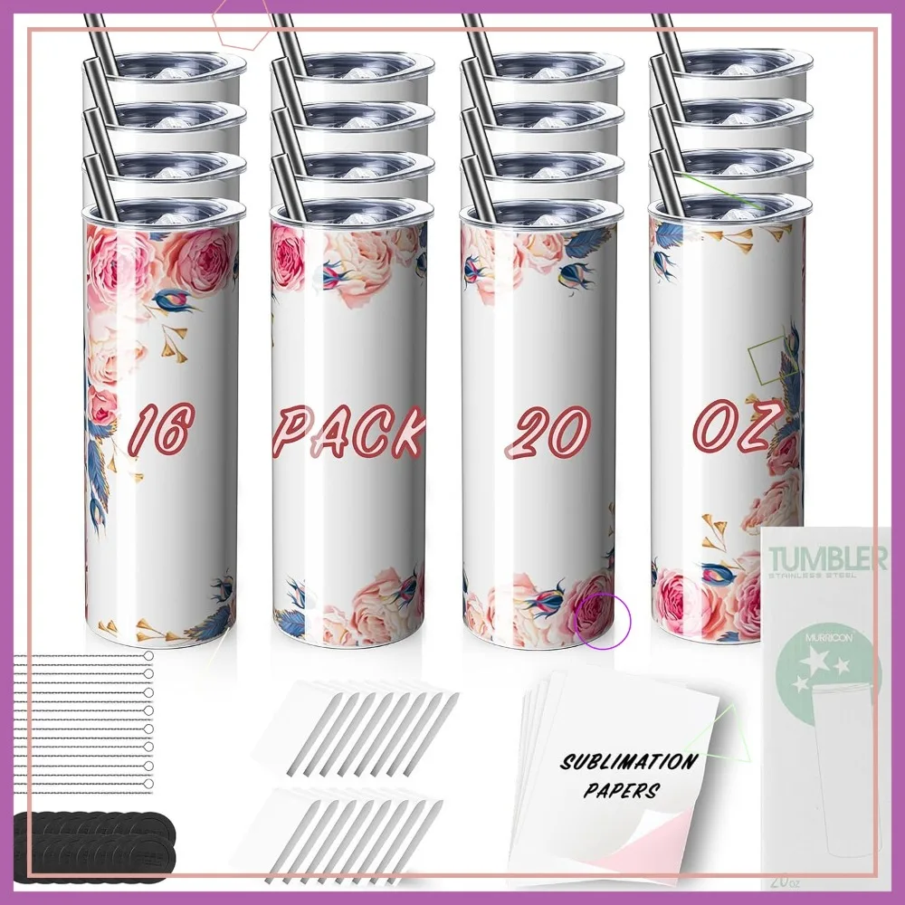 16 Pack Sublimation Tumblers 20 oz Skinny, Stainless Steel Insulated Blanks with Lid, Straw, Paper, Boxed
16 Pack Sublimation Tumblers 20 oz Skinny, Stainless Steel Insulated Blanks with Lid, Straw, Paper, Boxed