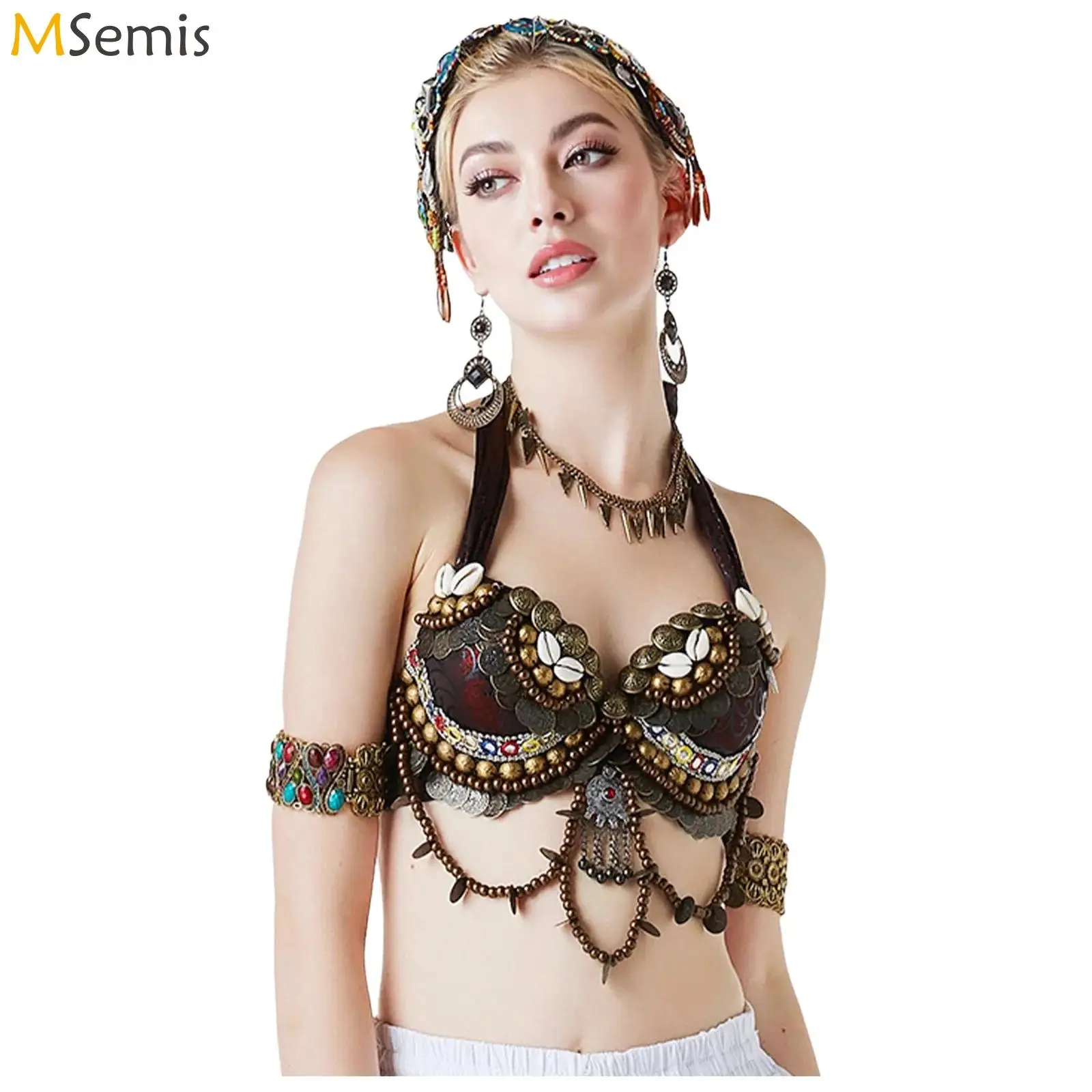 Womens Belly Dance Bra Halter Lace-up Crop Top Performance Costume Ethnic Plastic Beads And Shell Tassel Dancewear
Womens Belly Dance Bra Halter Lace-up Crop Top Performance Costume Ethnic Plastic Beads And Shell Tassel Dancewear