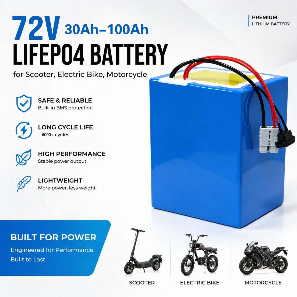 Lithium LiFePO4 72V 50Ah 60Ah 40Ah 100Ah 80Ah Battery Pack with BMS for Scooter, Electric Bike, Motorcycle, 3000W with Charging
Lithium LiFePO4 72V 50Ah 60Ah 40Ah 100Ah 80Ah Battery Pack with BMS for Scooter, Electric Bike, Motorcycle, 3000W with Charging