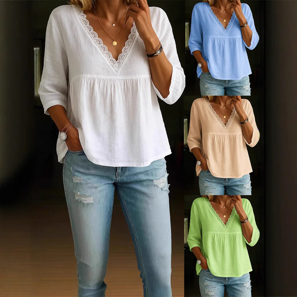 Lace Trim Blouse Women Spring Summer V Neck 3/4 Sleeve Shirts Tops Tee Solid Color Casual Boho Chiffon Pullover Streetwear
Lace Trim Blouse Women Spring Summer V Neck 3/4 Sleeve Shirts Tops Tee Solid Color Casual Boho Chiffon Pullover Streetwear