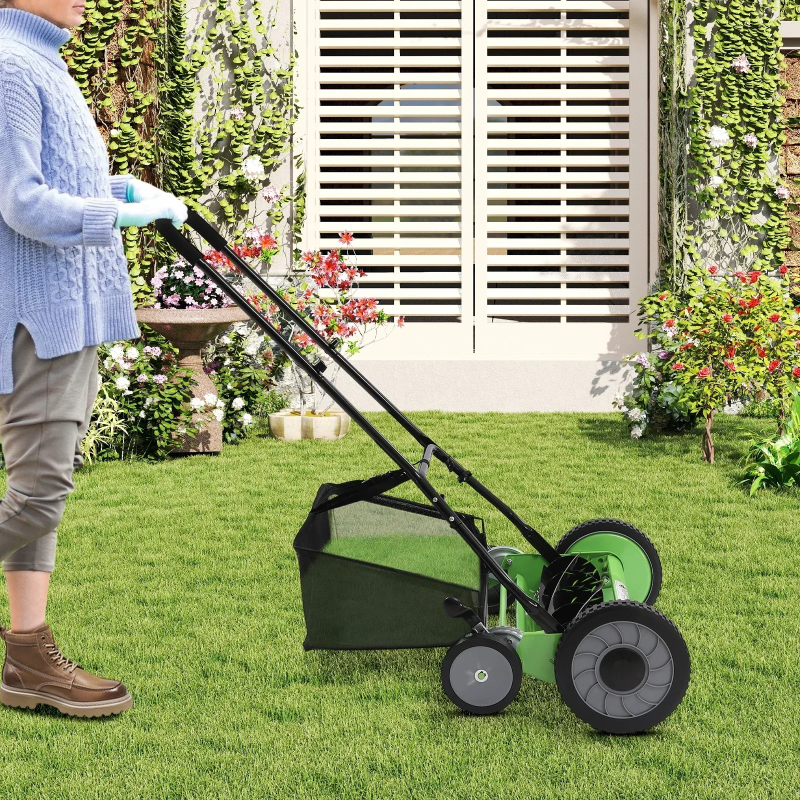 20 Inch Manual Push Reel Lawn Mower Adjustable Height 5 Blades Garden Grass Cutter with Collection Bag for Villa Park Yard Care
20 Inch Manual Push Reel Lawn Mower Adjustable Height 5 Blades Garden Grass Cutter with Collection Bag for Villa Park Yard Care