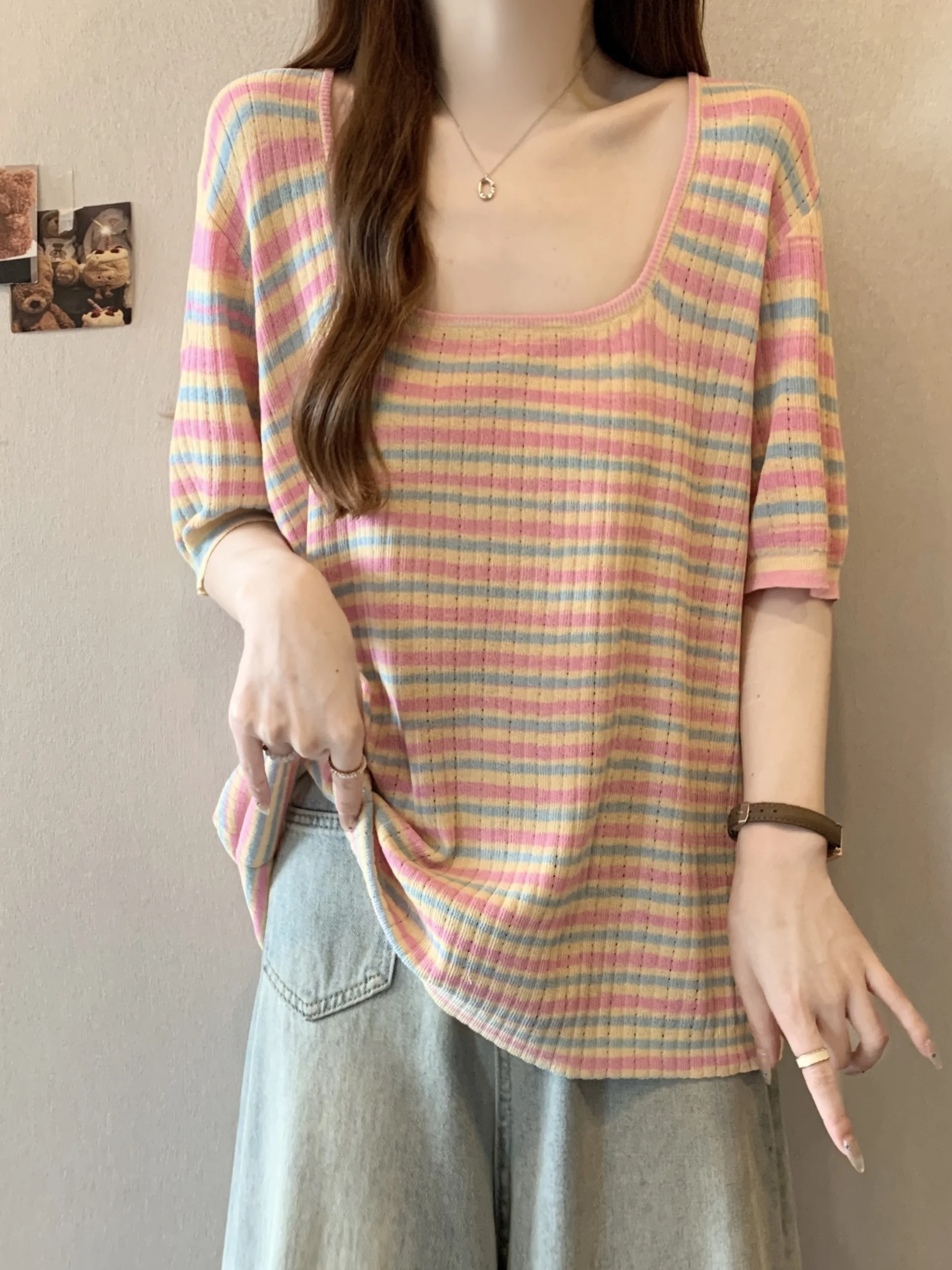 Dopamine Rainbow Stripes Short Sleeve Ice Silk T-Shirt Women's Summer New Large Size plus Size MM Clavicle Square Collar Top
Dopamine Rainbow Stripes Short Sleeve Ice Silk T-Shirt Women's Summer New Large Size plus Size MM Clavicle Square Collar Top