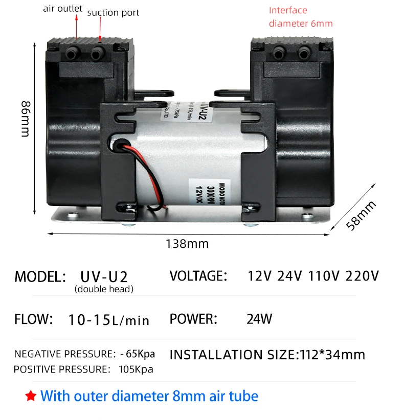 24V 24W 15L/min -85KPa High Flow Small Electric DC Diaphragm Vacuum Pump for Medical Equipment
24V 24W 15L/min -85KPa High Flow Small Electric DC Diaphragm Vacuum Pump for Medical Equipment