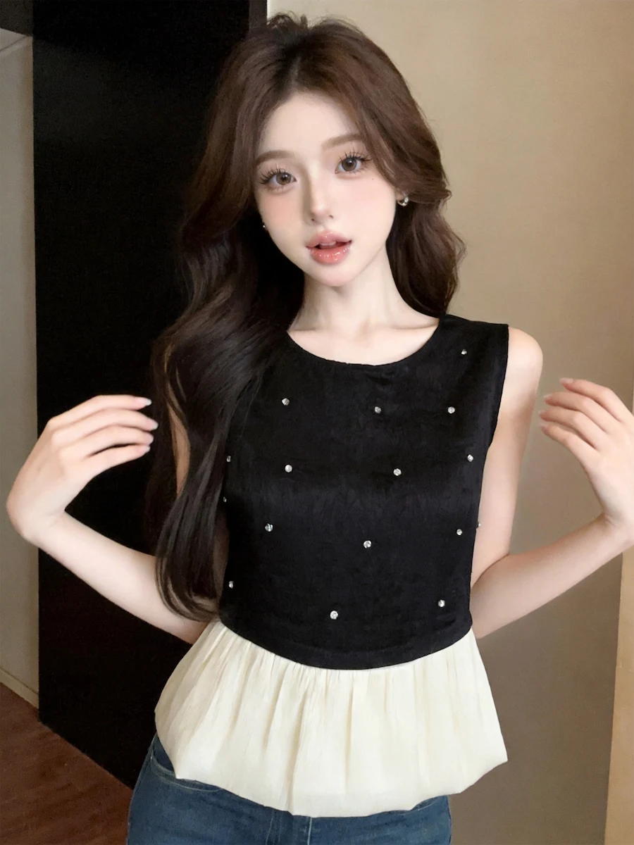 Sexy Sweet Splice Color Block round Neck Beaded Top Sleeveless Ageless Korean Style Knitted mid Waist Summer City Walk
Sexy Sweet Splice Color Block round Neck Beaded Top Sleeveless Ageless Korean Style Knitted mid Waist Summer City Walk
