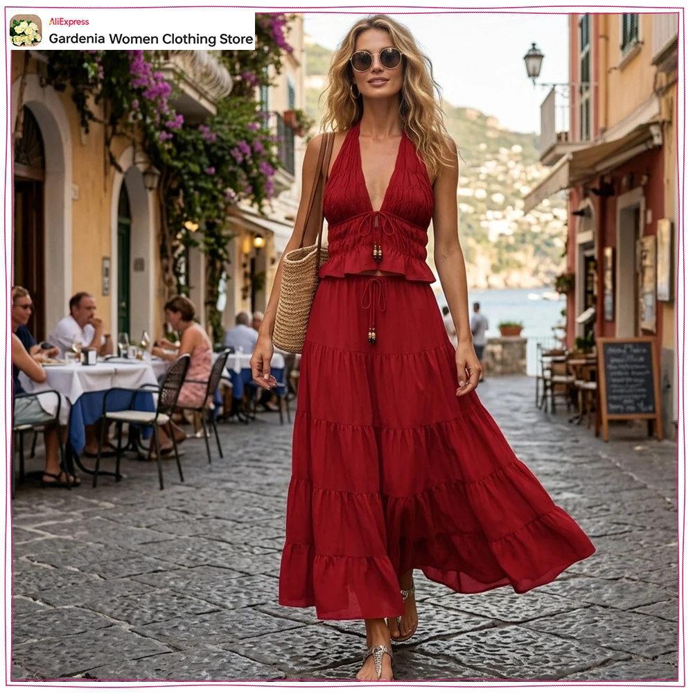 Fashion Women Maroon Ruched Skirt Sets Summer 2 Piece Sets Linen Ruched Halter Neck Open Back Top and Midi Skirt with Beaded Tie
Fashion Women Maroon Ruched Skirt Sets Summer 2 Piece Sets Linen Ruched Halter Neck Open Back Top and Midi Skirt with Beaded Tie