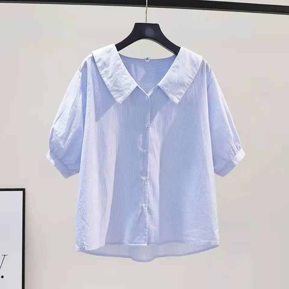 Women's Clothing Pure Cotton Blue Striped Doll Collar Short Sleeves Shirt for Women Summer Casual Loose Lantern Sleeve Sweet Top
Women's Clothing Pure Cotton Blue Striped Doll Collar Short Sleeves Shirt for Women Summer Casual Loose Lantern Sleeve Sweet Top
