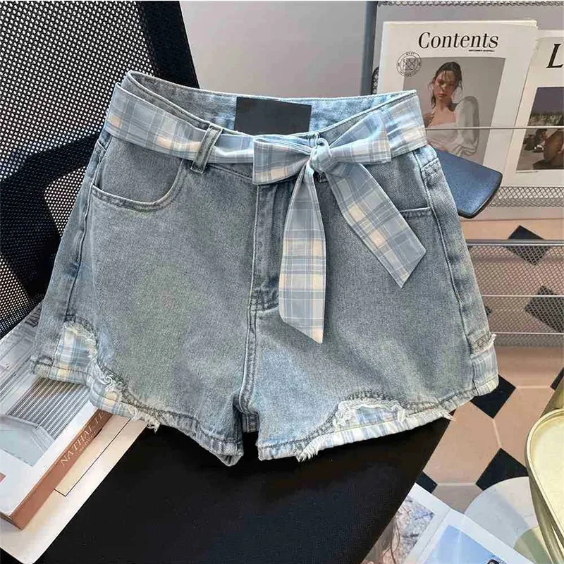 Summer Vintage Denim Shorts Women Sweet Preppy Light Blue Plaid Patchwork Shorts Korean Casual Retro Sashes Wide Leg Short Jeans
Summer Vintage Denim Shorts Women Sweet Preppy Light Blue Plaid Patchwork Shorts Korean Casual Retro Sashes Wide Leg Short Jeans