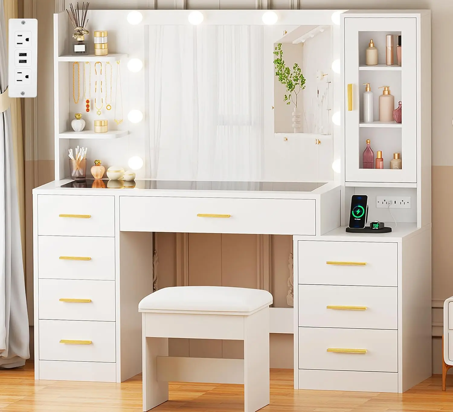 49.2" Large Vanity Desk with Mirror and Lights White Makeup Vanity Desk with Glass Top and Power Outlet 8 Drawers Nightstand
49.2" Large Vanity Desk with Mirror and Lights White Makeup Vanity Desk with Glass Top and Power Outlet 8 Drawers Nightstand