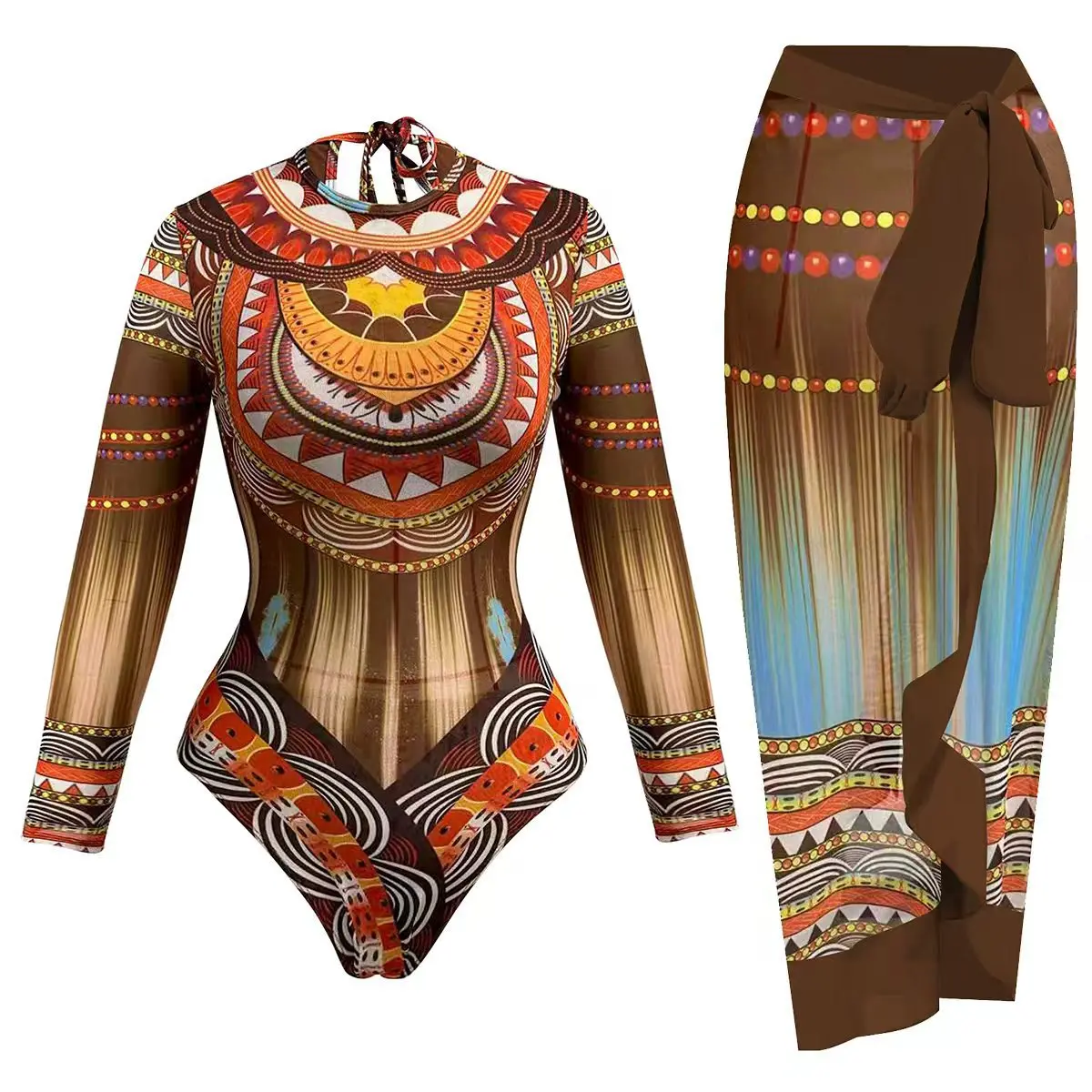 Ethnic-style Totem Printed One Piece Swimsuit With Wide-leg Pants Set Fashion Lady Long Sleeve Swimwear Vintage Mujer Beachwear
Ethnic-style Totem Printed One Piece Swimsuit With Wide-leg Pants Set Fashion Lady Long Sleeve Swimwear Vintage Mujer Beachwear