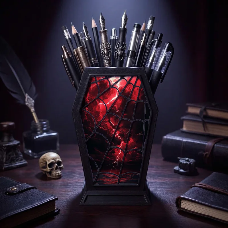 Gothic Coffin Pen Holder with Red Lightning Storm Print - Spooky Dark Academia Desk Organizer for Halloween & Gothic Lovers
Gothic Coffin Pen Holder with Red Lightning Storm Print - Spooky Dark Academia Desk Organizer for Halloween & Gothic Lovers