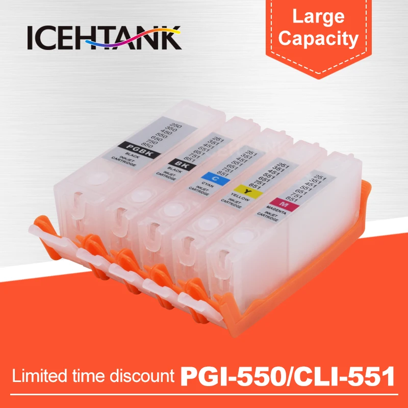 ICEHTANK PGI-550 CLI-551 Refillable ink Cartridge With Auto Reset Chip For Canon CANON MG5450 MG5550 MG6450 IP7250 MX925 MX725
ICEHTANK PGI-550 CLI-551 Refillable ink Cartridge With Auto Reset Chip For Canon CANON MG5450 MG5550 MG6450 IP7250 MX925 MX725