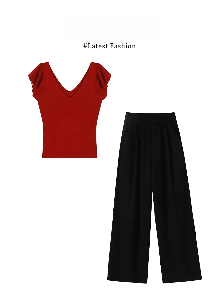 Parkyeon Retro Red V-Neck Short Sleeve T-Shirt High Waist Loose Casual Pants Summer Two-Piece Set Women's Fashion Outfit
Parkyeon Retro Red V-Neck Short Sleeve T-Shirt High Waist Loose Casual Pants Summer Two-Piece Set Women's Fashion Outfit
