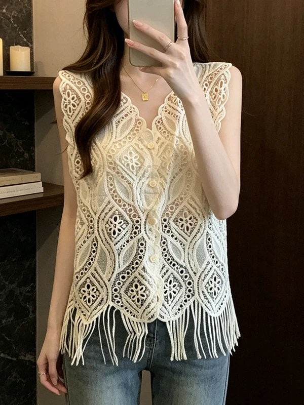 Large Size Lace Shirt Women's Sleeveless Tassel Trim Hook Flower Hollow out Fashionable Summer New Style Layering Top
Large Size Lace Shirt Women's Sleeveless Tassel Trim Hook Flower Hollow out Fashionable Summer New Style Layering Top