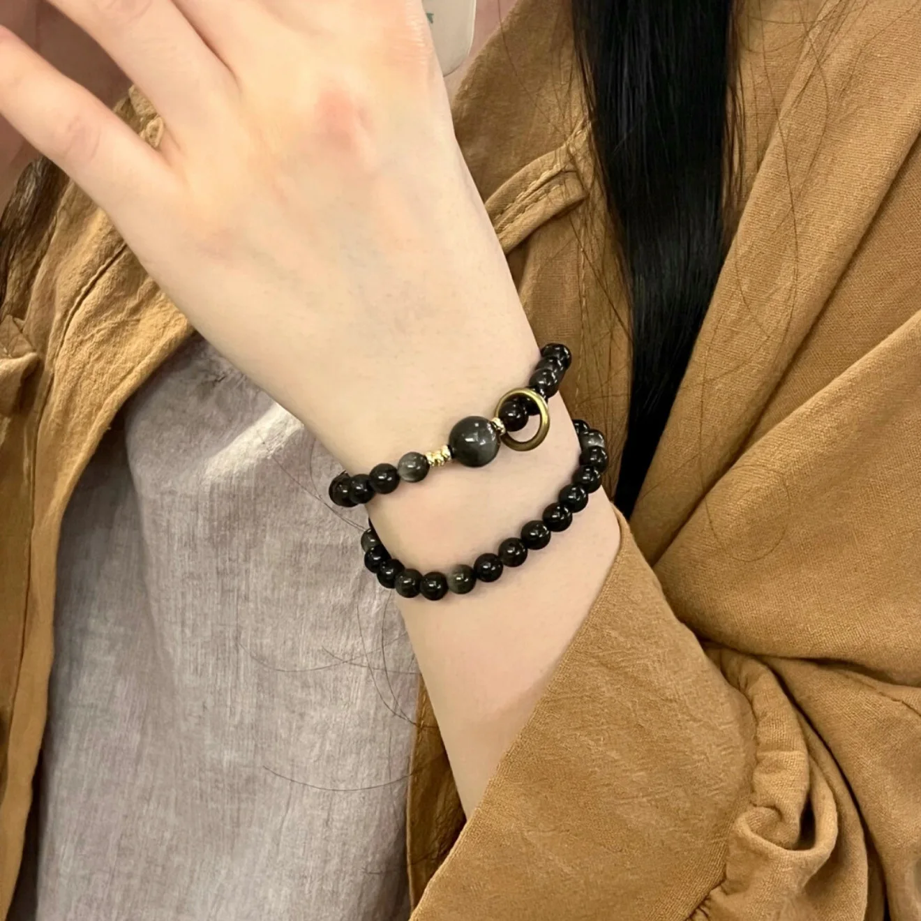 Silver Shine Stone Black Cang Style Double Circle Handstring Student Crystal Bracelet Cold Wind Design Handheld Lucky Hand Stri
Silver Shine Stone Black Cang Style Double Circle Handstring Student Crystal Bracelet Cold Wind Design Handheld Lucky Hand Stri