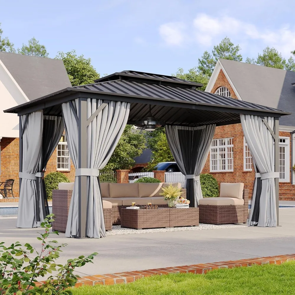 Hardtop Gazebo 10x12, Aluminum Frame Canopy with Double Galvanized Steel Roof, with Breathable Netting and Privacy Curtain
Hardtop Gazebo 10x12, Aluminum Frame Canopy with Double Galvanized Steel Roof, with Breathable Netting and Privacy Curtain