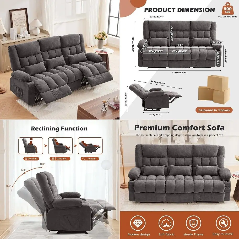 Recliner Sofa with Cup Holders for Living Room 3 Seat Manual Oversized Recliner Chiar with Ergonomic, Side Pocket for Adult
Recliner Sofa with Cup Holders for Living Room 3 Seat Manual Oversized Recliner Chiar with Ergonomic, Side Pocket for Adult