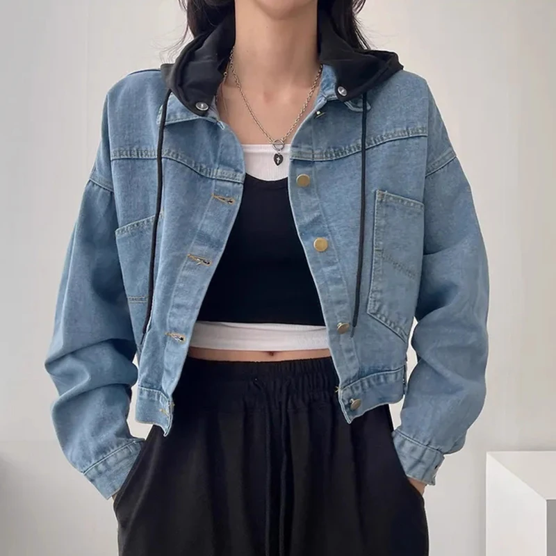 Chic ort Women's Denim Jaet with Detachable Contrast Color Ba Single Button Design Autumn Collection Loose Fit Hooded
Chic ort Women's Denim Jaet with Detachable Contrast Color Ba Single Button Design Autumn Collection Loose Fit Hooded