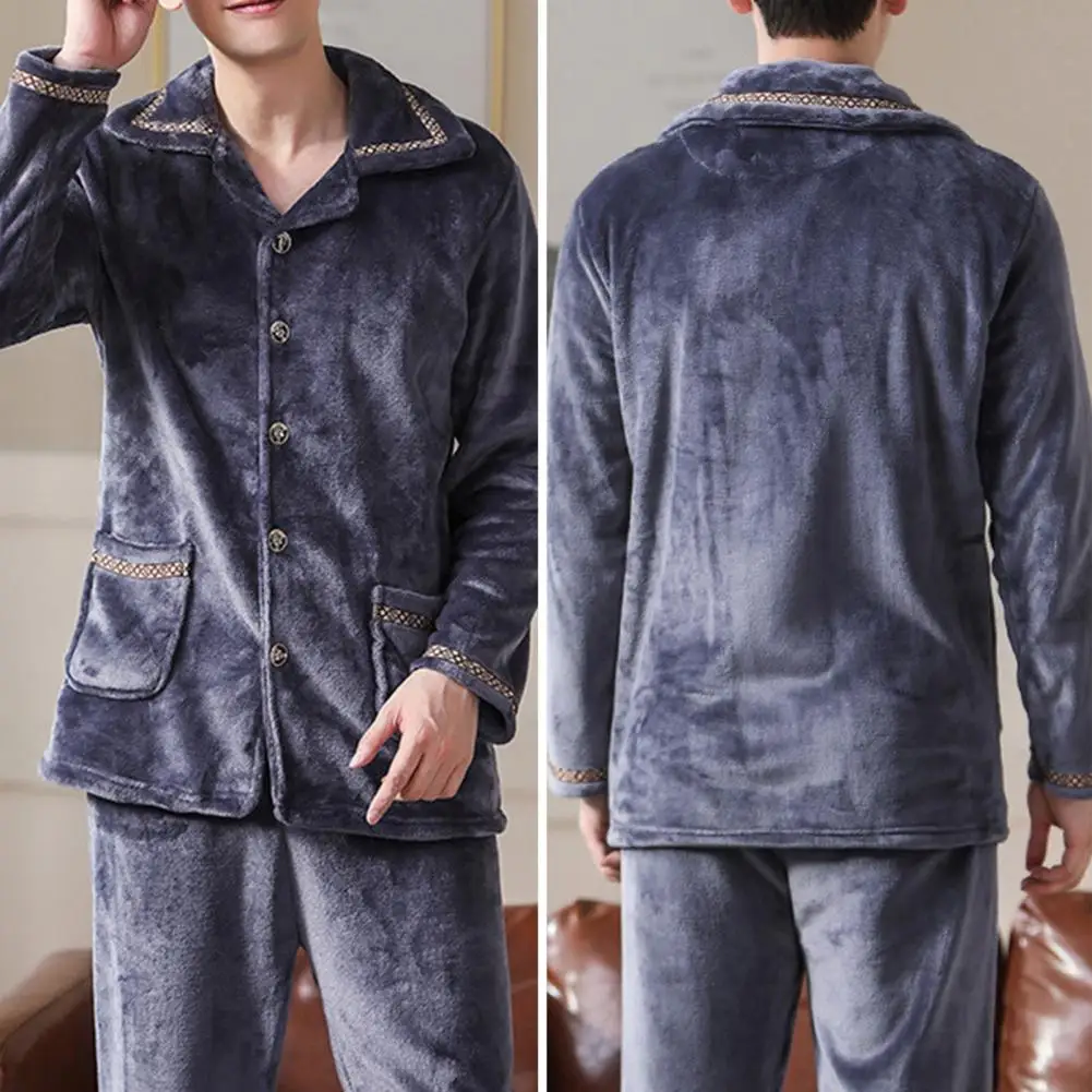 Lapel Design Pajamas Men's Winter Pajamas Set with Lapel Thick Buttons Elastic Waist Soft Warm Homewear with Solid Color Top
Lapel Design Pajamas Men's Winter Pajamas Set with Lapel Thick Buttons Elastic Waist Soft Warm Homewear with Solid Color Top