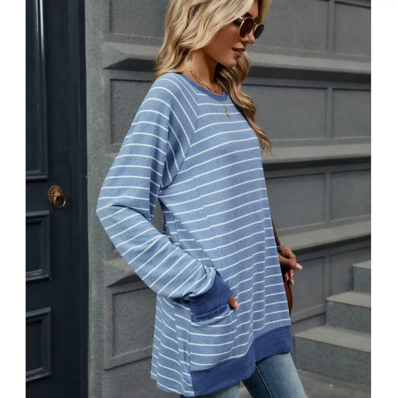 2025 Spring/Summer New Stripe Contrast Round Neck Long Sleeve Pocket Casual T-shirt for Women
2025 Spring/Summer New Stripe Contrast Round Neck Long Sleeve Pocket Casual T-shirt for Women