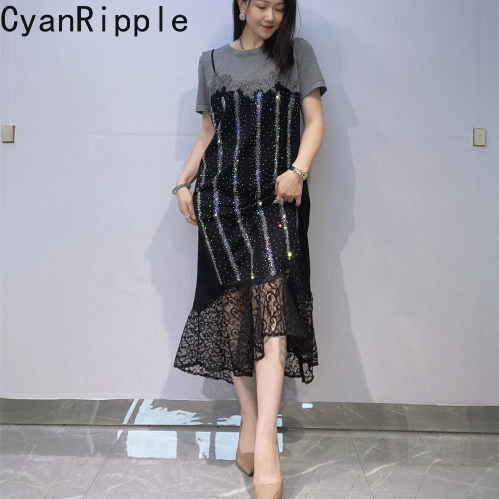 2026 New Summer Elegant Black Fishtail Dress Faux Two-piece Lace Splicing Knitted Short Sleeve Dress Hot Diamonds Casual Dresses
2026 New Summer Elegant Black Fishtail Dress Faux Two-piece Lace Splicing Knitted Short Sleeve Dress Hot Diamonds Casual Dresses