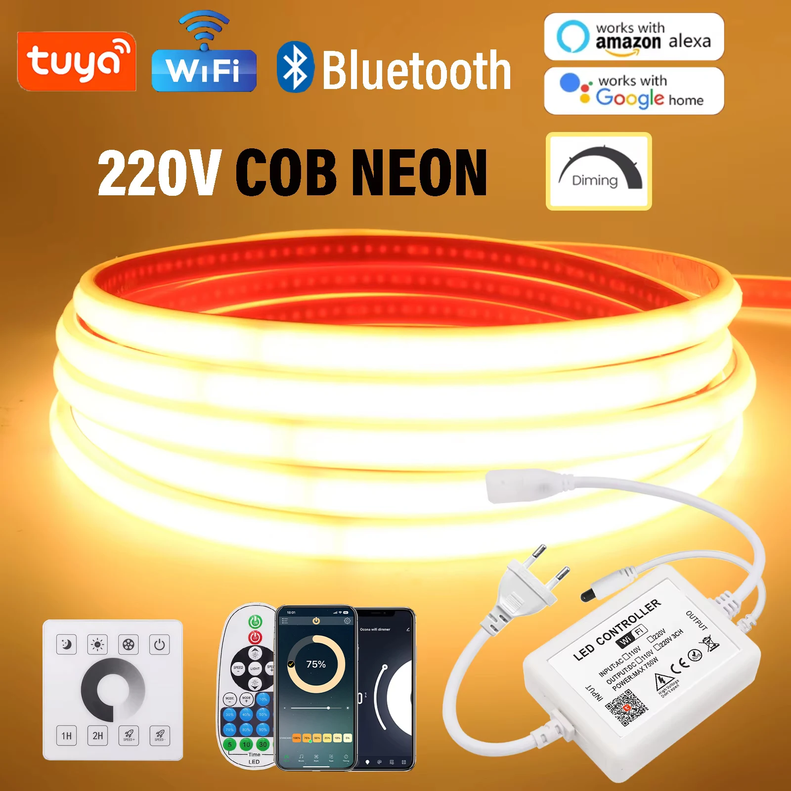 WIFI Bluetooth Dimmable COB LED Neon Strip Light 220V With Adhesive Tape 240LEDs/M Outdoor Waterproof Flexible Ribbon Rope Light
WIFI Bluetooth Dimmable COB LED Neon Strip Light 220V With Adhesive Tape 240LEDs/M Outdoor Waterproof Flexible Ribbon Rope Light