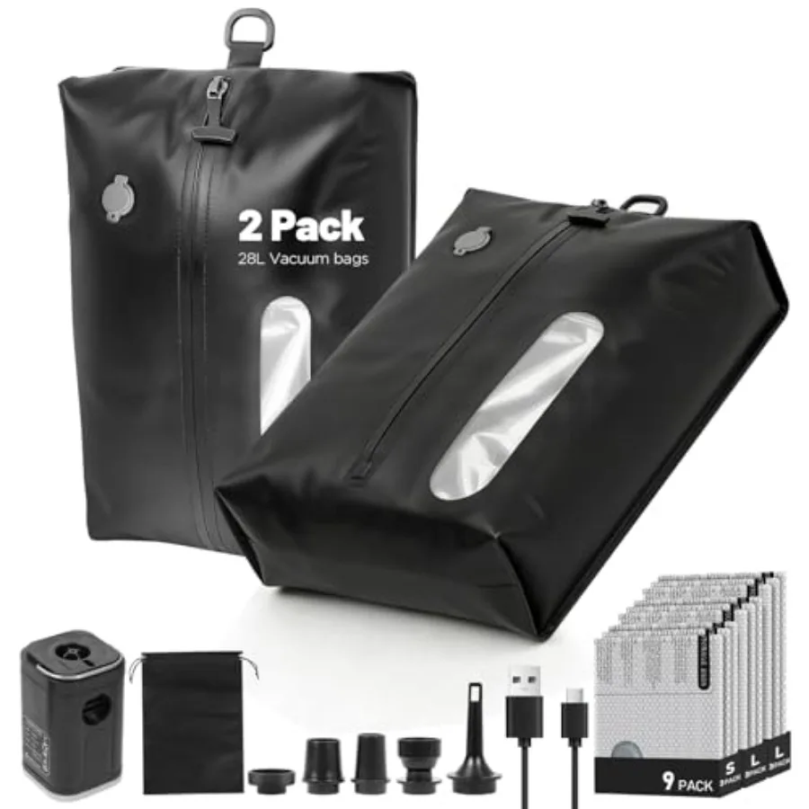 11-Pack Travel Vacuum Bags with Pump, 2×28L TPU Waterproof Vacuum Seal Bags + 9 PAandPE Compression Bags S/M/L,Space Saver for
11-Pack Travel Vacuum Bags with Pump, 2×28L TPU Waterproof Vacuum Seal Bags + 9 PAandPE Compression Bags S/M/L,Space Saver for