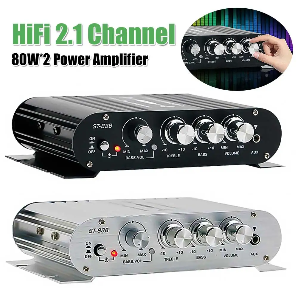 Усилитель мощности 80Wx2 ST-838 HiFi 2.1 канала с регулировкой басов и высоких частот, усилитель для сабвуфера, вход 12В, для автомобиля и дома, алюминиевый сплав, черный
Усилитель мощности 80Wx2 ST-838 HiFi 2.1 канала с регулировкой басов и высоких частот, усилитель для сабвуфера, вход 12В, для автомобиля и дома, алюминиевый сплав, черный