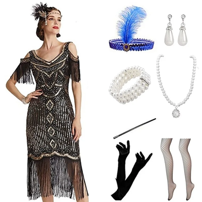 Women 1920s Flapper Dress Vintage Makeup Evening Party Retro Sequined Sexy Off Shoulder Dress Performance World Costume
Women 1920s Flapper Dress Vintage Makeup Evening Party Retro Sequined Sexy Off Shoulder Dress Performance World Costume