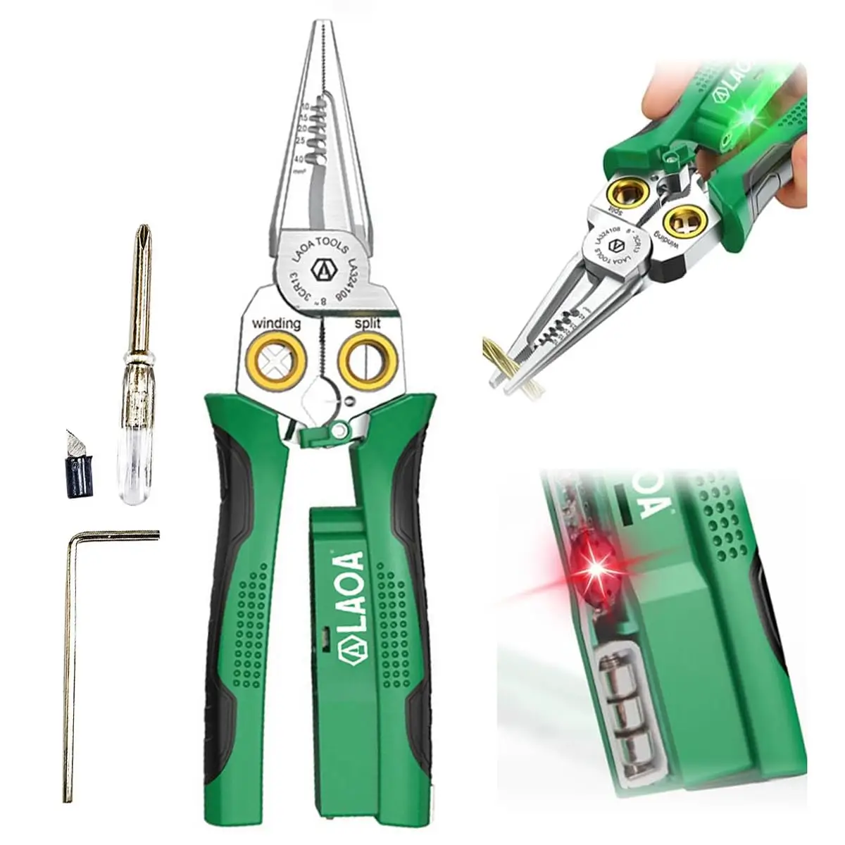 LAOA 8in1 Wire Strippers with Electricity Measurement, Pliers for Cutting, Pulling, Stripping, Splitting, Winding & Clamping
LAOA 8in1 Wire Strippers with Electricity Measurement, Pliers for Cutting, Pulling, Stripping, Splitting, Winding & Clamping