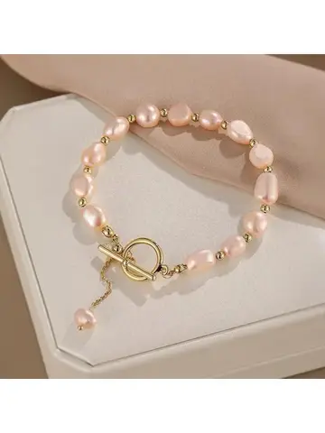YWYC 6-7mm Pink Baroque Freshwater Pearl Bracelets OT Slider Chain 14K Gold Plated 18cm Adjustable Women's Hand Bracelets