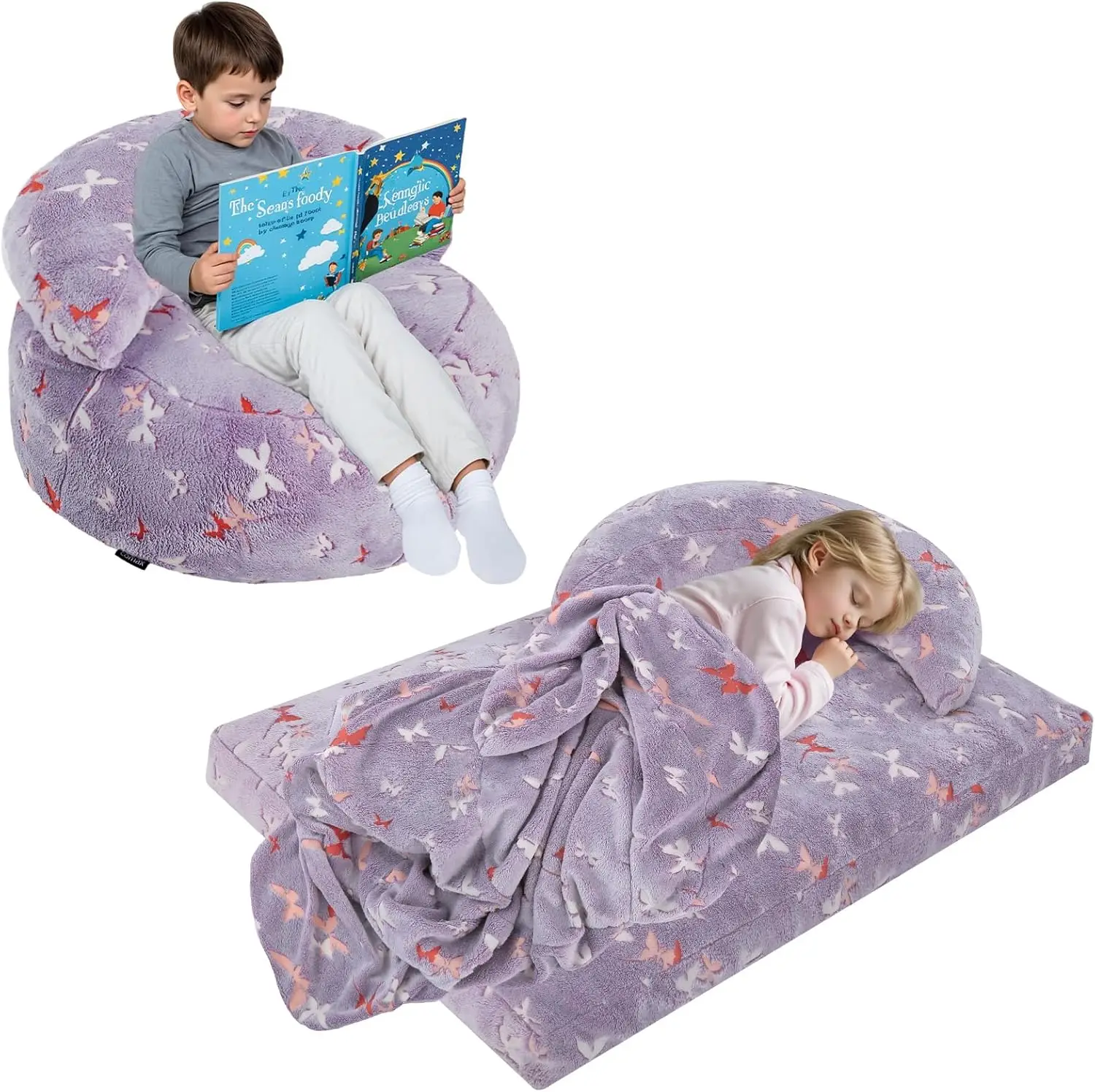 2-in-1 Kids Bean Bag Chair, Convertible to Floor Mattress with Glow-in-the-Dark Design, Purple Butterfly
2-in-1 Kids Bean Bag Chair, Convertible to Floor Mattress with Glow-in-the-Dark Design, Purple Butterfly