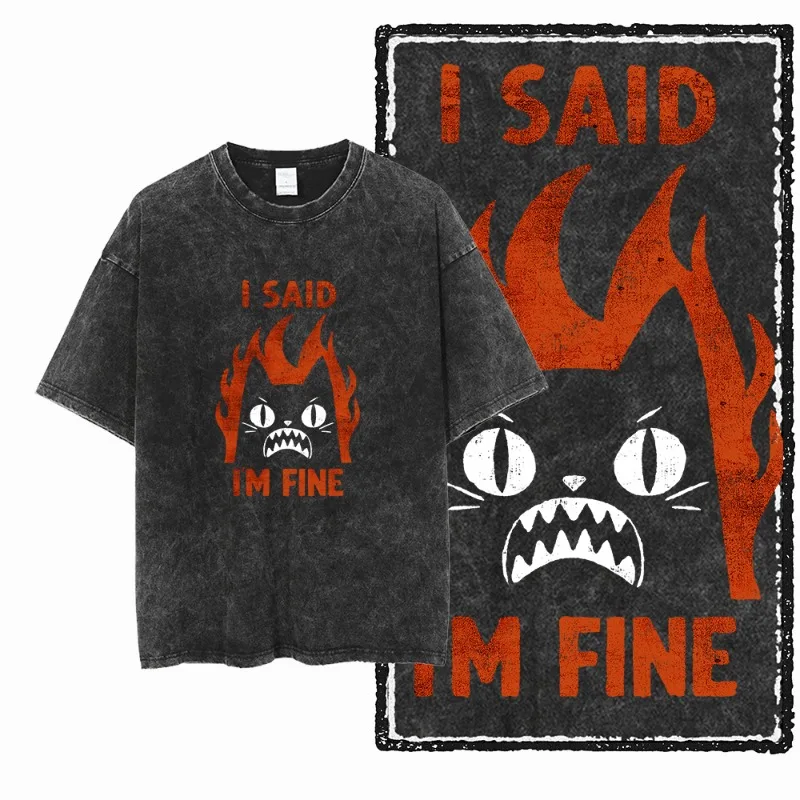 Vintage washed kitten print women's T-shirt, cool street style short loose T-shirt
Vintage washed kitten print women's T-shirt, cool street style short loose T-shirt