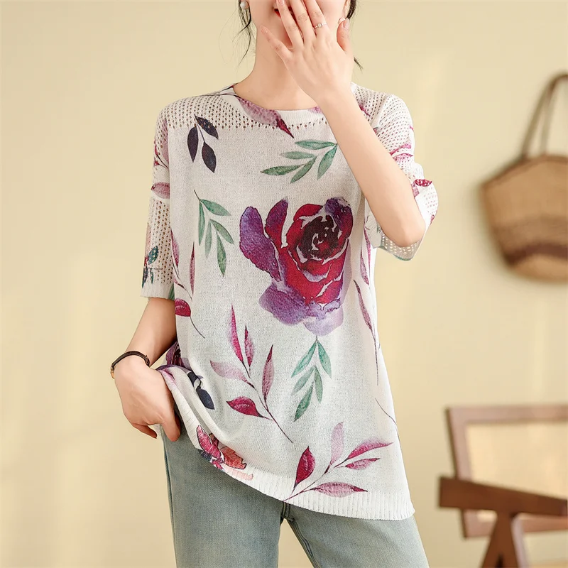 Summer Knitted T Shirt Women Sweater Pullovers Clothes Quality Tees Top Short Sleeve Casual Floral print Hollow Women's T-shirt
Summer Knitted T Shirt Women Sweater Pullovers Clothes Quality Tees Top Short Sleeve Casual Floral print Hollow Women's T-shirt