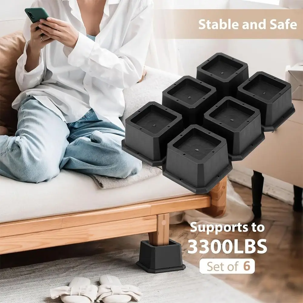 6PCS Create Under Bed Storage Bed Riser Furniture Lift Anti-slip Black Table Risers Heavy Duty Frame Risers 
6PCS Create Under Bed Storage Bed Riser Furniture Lift Anti-slip Black Table Risers Heavy Duty Frame Risers