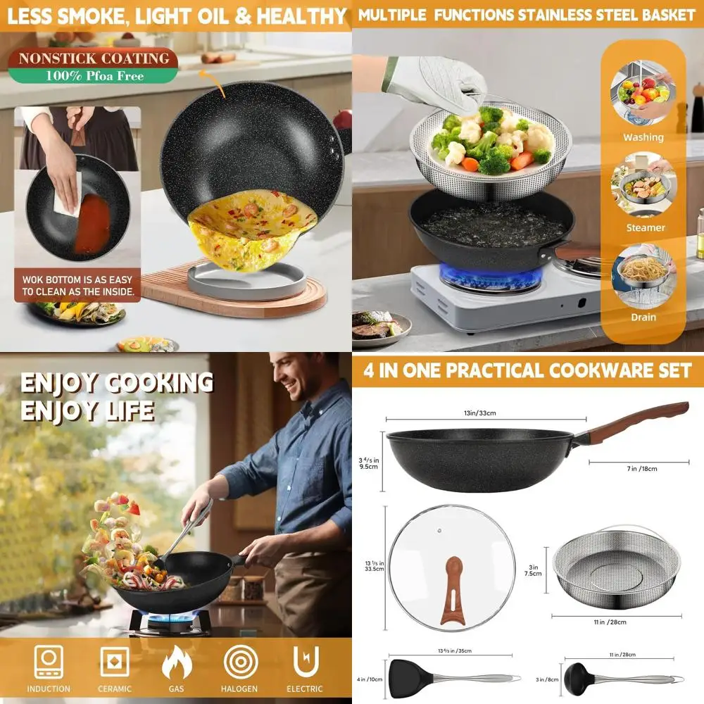 13-дюймовая сковорода-вок с антипригарным покрытием, крышкой, пароваркой и лопаткой — подходит для индукционных, электрических, газовых и всех типов плит
13-дюймовая сковорода-вок с антипригарным покрытием, крышкой, пароваркой и лопаткой — подходит для индукционных, электрических, газовых и всех типов плит