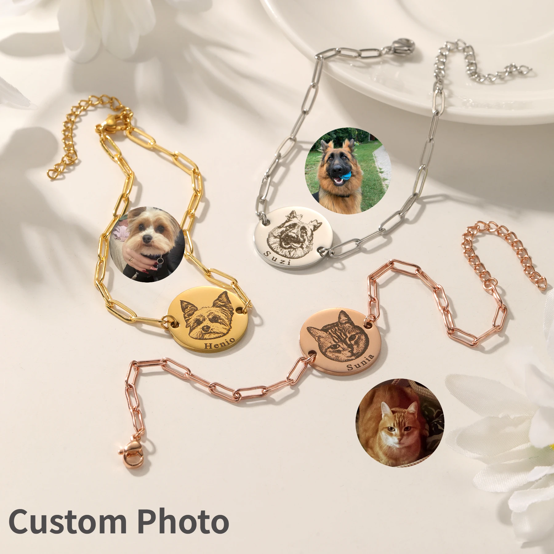 Custom Pet Memorial Bracelet Stainless Steel Gold Plated Round Pet Portrait Name Engraved Personalized Jewelry Christmas Gift
Custom Pet Memorial Bracelet Stainless Steel Gold Plated Round Pet Portrait Name Engraved Personalized Jewelry Christmas Gift