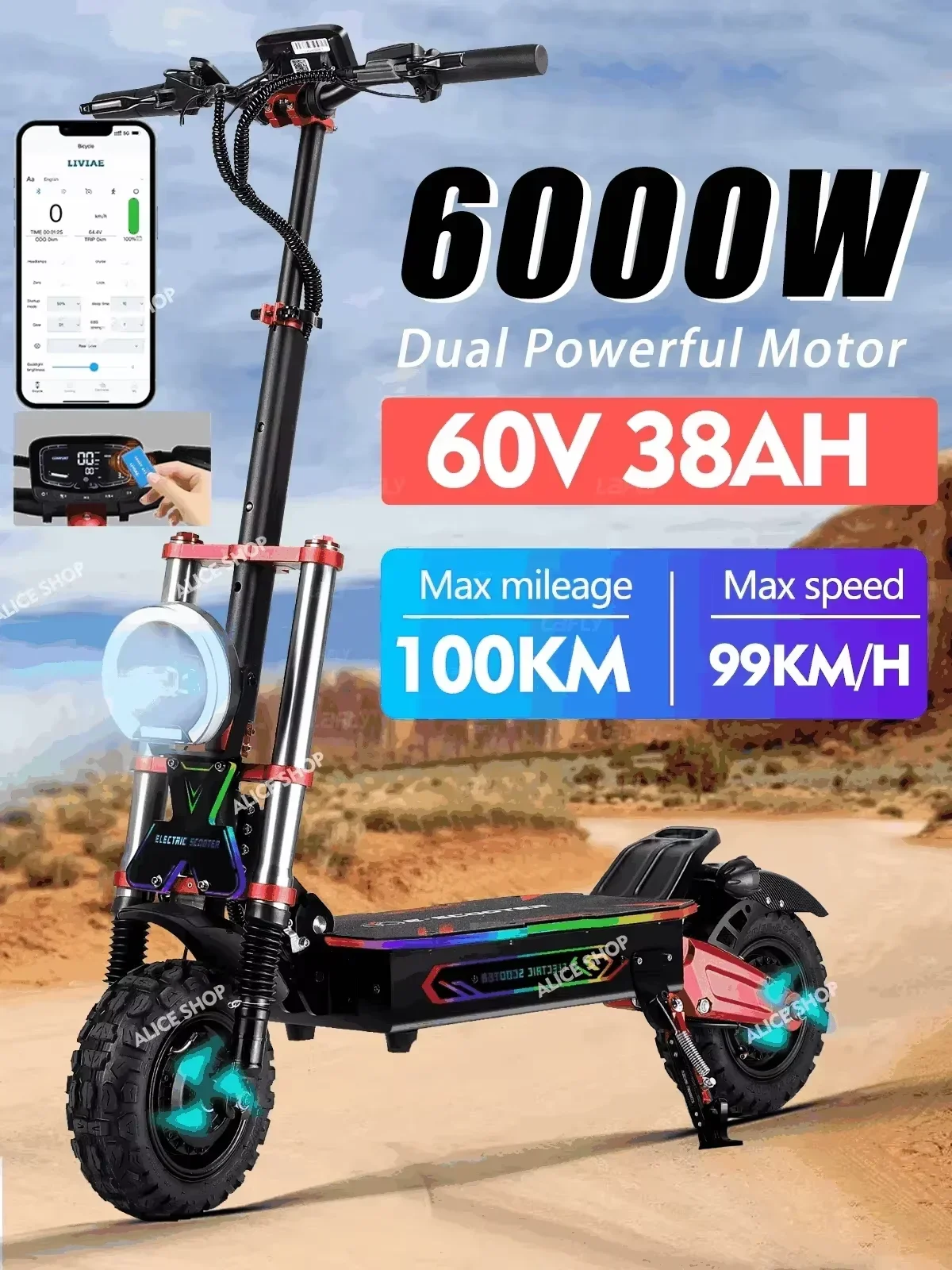 BOYUEDA S5 Electric Scooter 6000W Motor 60V38AH Battery 120KM Range 85KM/H Speed NFC Smart App RGB lights Off-road E Scooters
BOYUEDA S5 Electric Scooter 6000W Motor 60V38AH Battery 120KM Range 85KM/H Speed NFC Smart App RGB lights Off-road E Scooters